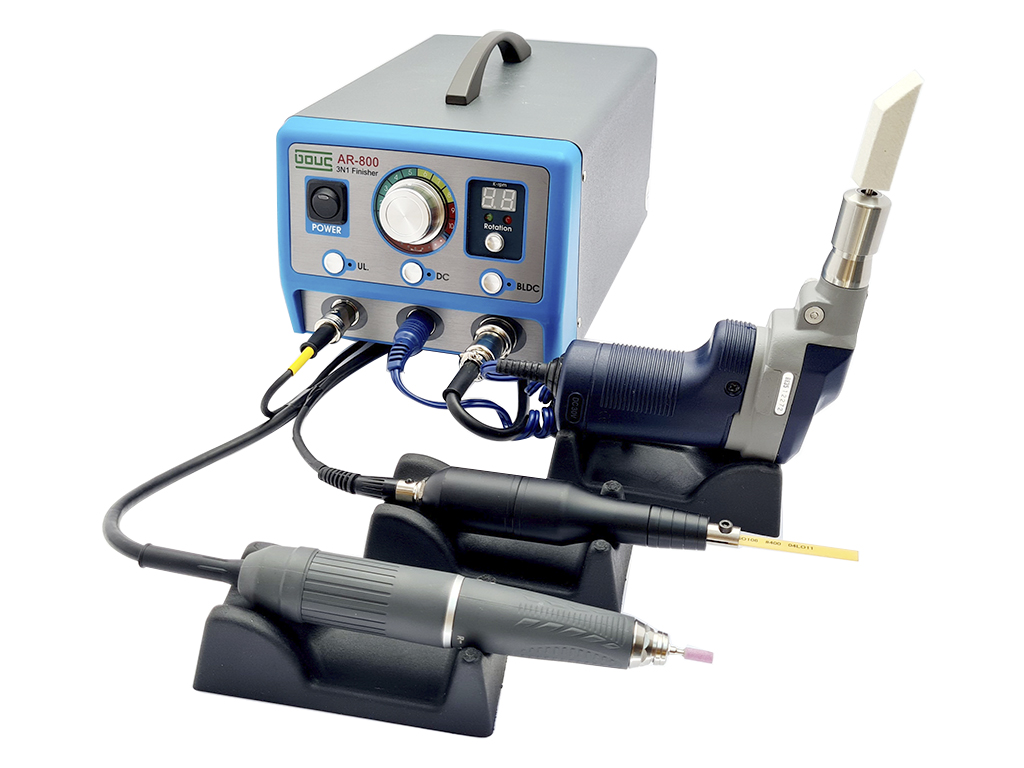 Ultrasonido con Moto tool, GOUS: Ideal para el desbaste, pulido de moldes y metales; remueve grano de erosión y huella de maquinado de manera eficiente, obteniendo resultados muy rápidos y altamente precisos, debido a que su maneral de ultrasonido trabaja de 18,000 a 26,000 microvibraciones por segundo, con 10 niveles de frecuencia y una amplitud de 3 a 40 micras. Ideal para trabajar en áreas de díficil acceso: ranuras, costillas, esquinas, rincones y áreas intrincadas, eficiencia del 70% mas comparado con un perfilador recíprocante. Ultrasonido uso con limas de diamante largo 90 mm, piedras de cerámica, cristal, diamante en forma plana y redonda. Perfilador uso con piedras para desbaste y pulido (ver pg. 34-37), barra de fieltro con vastago, lija con adhesivo. Moto tool uso con puntas de fieltro, desbaste, caucho, flap de lija, cualquier herramienta con vastago de 3.0 o 3.175 mm